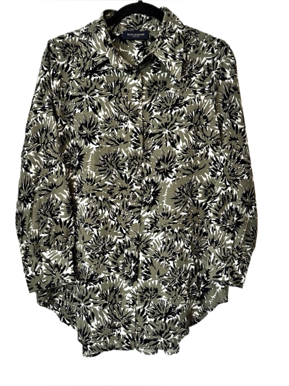 Piazza Sempione Italy Silk Button Front Blouse Olive Floral Quiet Luxury L